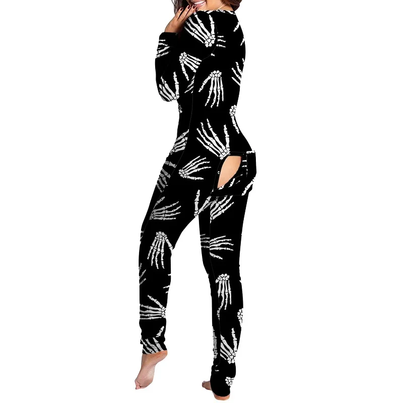 V-neck Buttons Up Sexy Romper Women Long Sleeve Jumpsuits Autumn Fruits Print Sleepwear Back Flap Sleepwear