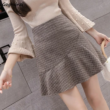 

Skirts Women Retro Zipper Elegant Simple Plaid Ruffle Autumn Winter All-match Brown Womens Korean A-Line Casual High Waist Skirt