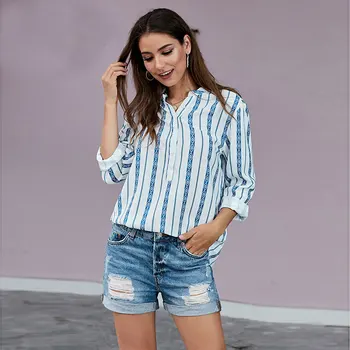 

Striped 2020 summer woman fashion tops Regular V-Neck long sleeve blouse women Full top women Vintage ladies Shirts