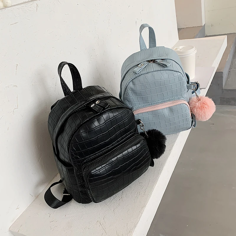 

Stone Pattern PU Leather Backpacks for Women 2020 Female Small Backpack with Hair Ball Lady Back Pack for School Teenagers Girls