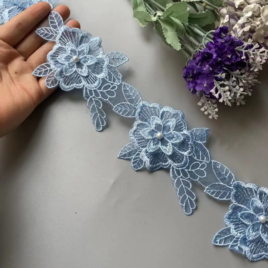 10x Lace Pearl Trim Blue Ribbon 3D Floral Beaded Flower Embroidered Applique Patches Dress Fabric Sewing Craft Vintage 10cm New