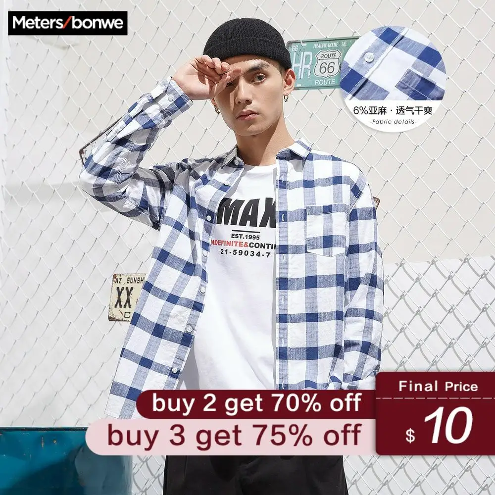 

Metersbonwe 2019 New Men Long Sleeve Cotton Shirt Spring Autumn Retro Plaid Shirt Leisure Loose Shirt Men