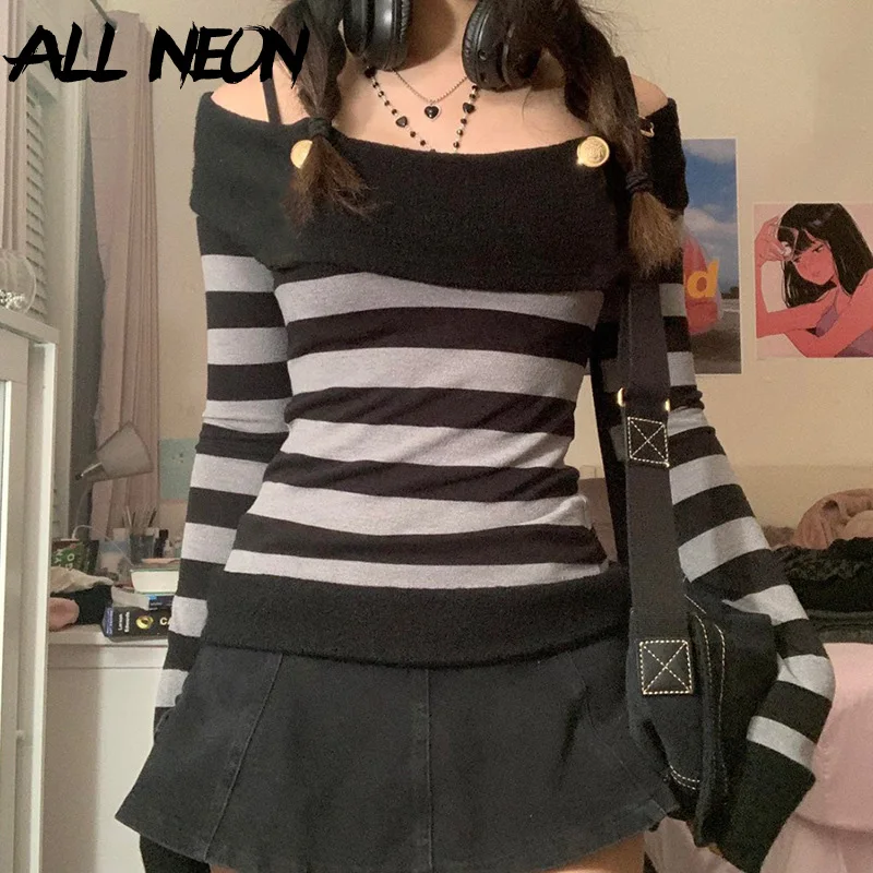ALLNeon Pastel Goth Y2K полосатые топы с открытыми плечами и длинным рукавом милые уличные