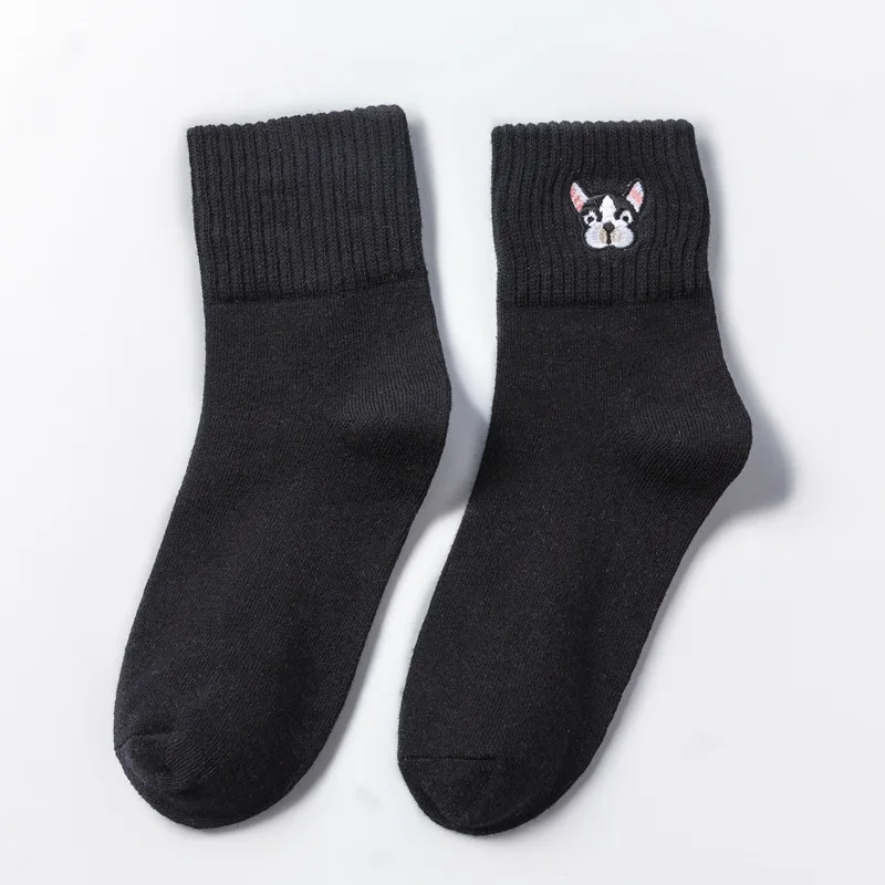 Socks for women cotton embroidery French bulldog sock ladies cartoon winter thick socks female casual kawaii sox dropshipping - Color: Black