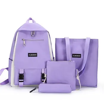 

Purple teens Student Backpack Mochilas Shoulder-Bags Canvas women Fashion traval back packs girls solid bookbag 4 pcs set 2020