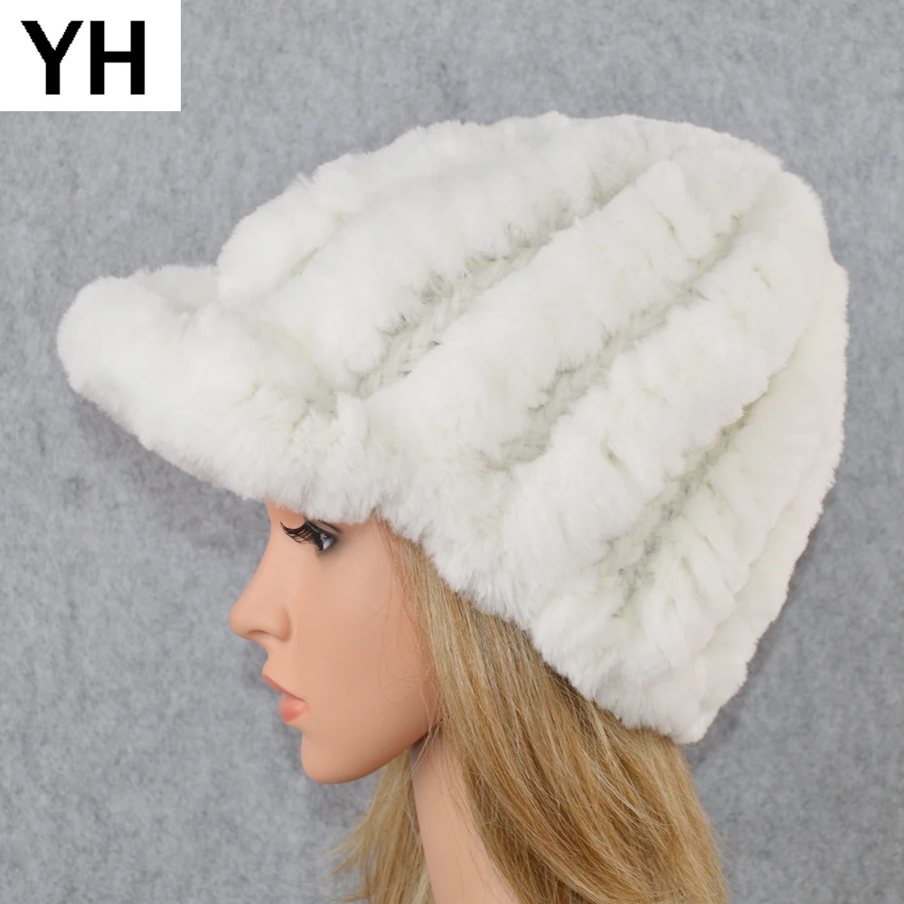 Россия Настоящий мех кролика шапка Для женщин Зимняя вязаная натуральным шапки из меха кролика Рекс, Фирменные женские теплые Повседневное из натурального меха шапочки шляпа