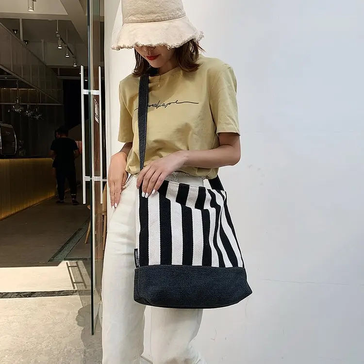 

Big Bag Women's 2019 New Style Korean-style Contrast Color Stripes Single-shoulder Canvas Bag Fashion Casual Large-Volume Tote B