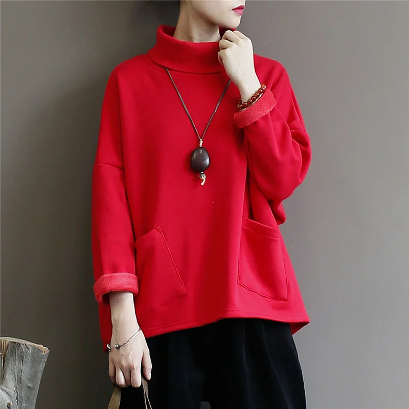QPFJQD Ladies Turtleneck Pullover Sweatshirt Spring Autumn Long Sleeve Cotton Women Clothes Warm Winter Casual Pocket Sweatshirt