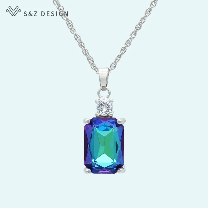 S&Z DESIGN New Square Crystal 585 Rose Gold Color Pendant Necklace For Women Wedding Party Fashion Jewelry