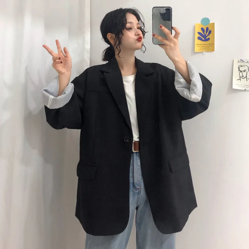

Vigorous GIRL'S Korean-style Ulzzang Simple Loose Casual Suit Student Mid-length Suit Jacket