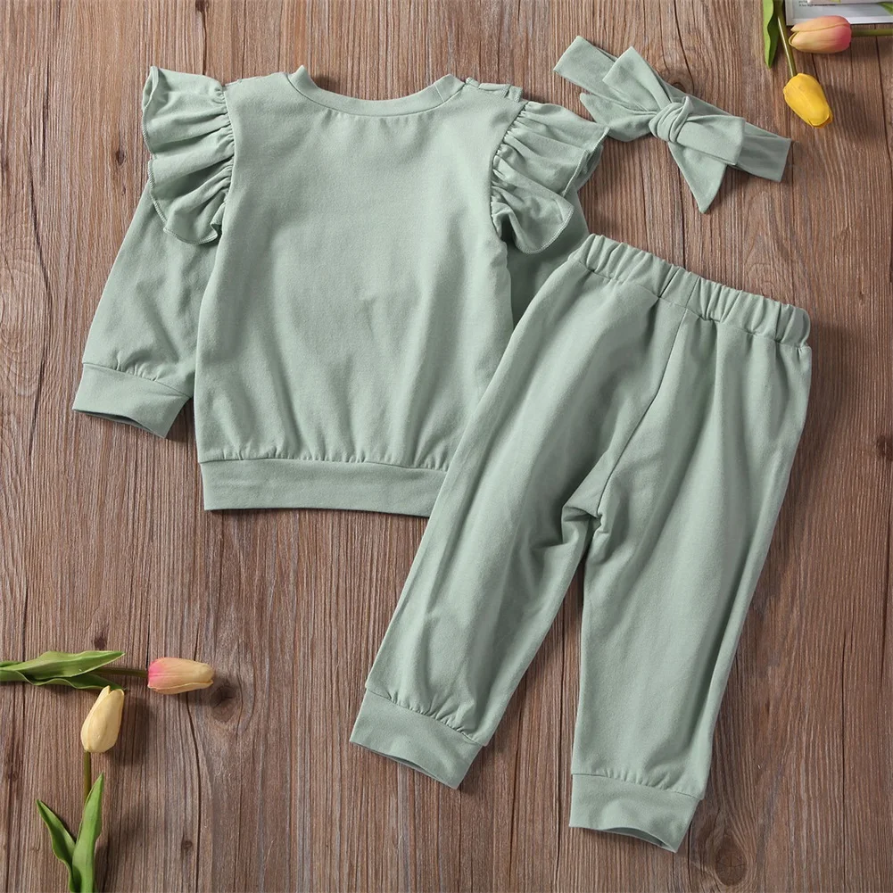 Новинка года; комплекты повседневной одежды для маленьких девочек спортивные костюмы; однотонные рубашки с длинными рукавами и оборками и штаны повязка на голову; комплект из 3 предметов для маленьких девочек