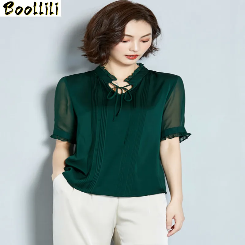 

Boollili Summer Fashion Real Silk Blusas Mujer De Moda 2020 Elegant Casual V Neck Women's Blouse Ladies Short Sleeve Top