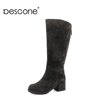 

BESCONE Stylish Ladies Boots Winter Casual Zipper 5.5 cm Handmade High Heel Shoes Basic Round Toe Square Heel Women Boots BC366