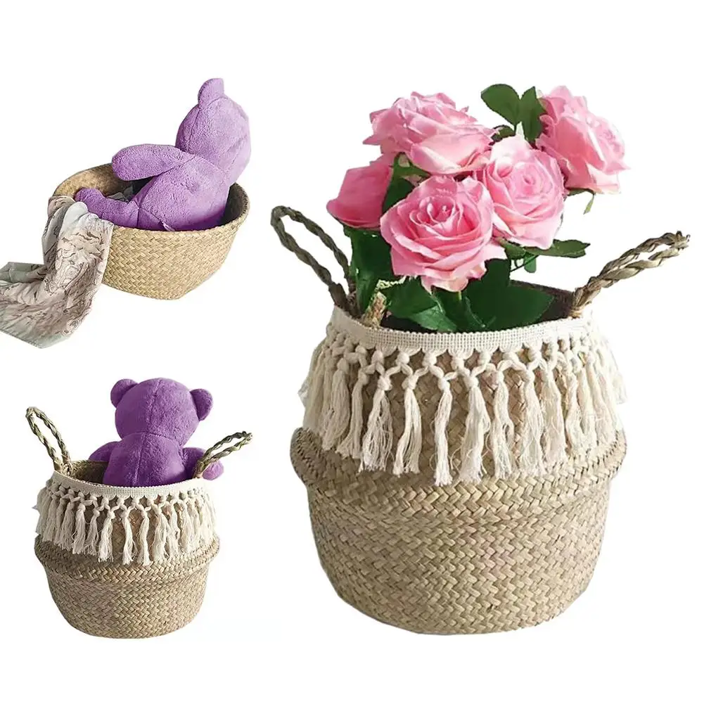 Tassel Laundry Baskets Macrame Woven Seagrass Belly For Storage And Decoration 