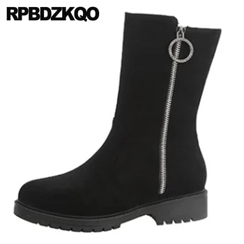 

shoes winter block women chinese suede designer plus size black side zip boots casual big round toe 10 mid calf chunky 2019 fur