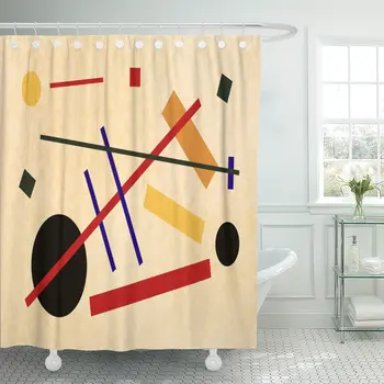 

Colorful Abstract Suprematism Composition Flat on Old Canvas Red Shower Curtain Waterproof Fabric 60 x 72 Inches Set with Hooks