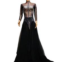 

Shining Diamonds Backless Mesh Perspective Women Party Dresses Net Yarn Long Tailing Dresses Singer Stage Performance Costume