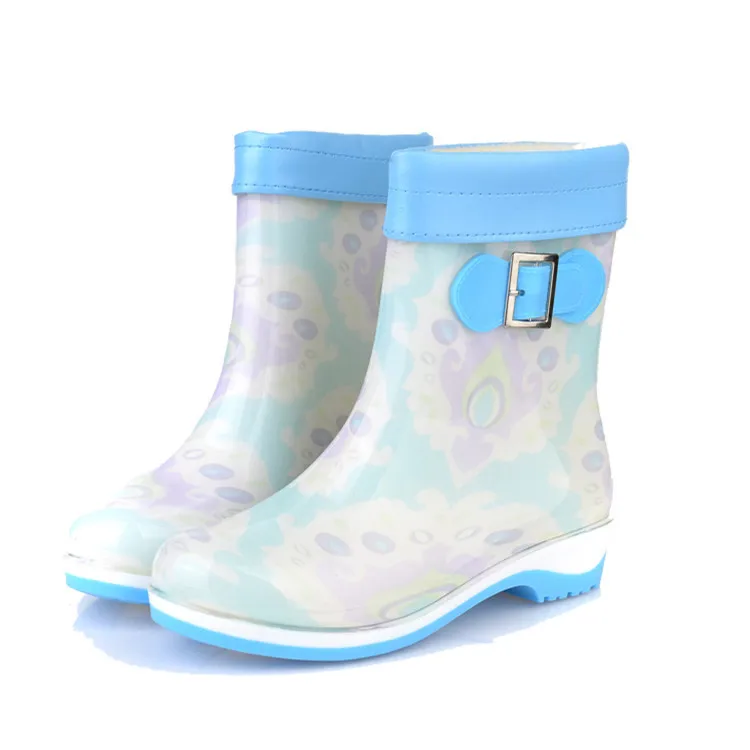 

Autumn And Winter Buckle Candy-Colored Anti-slip plus Velvet mian yu xie Rain Boots Women's Fashion Casual Rain Shoes Warm Flat