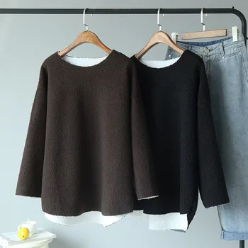 

Winter new tracksuit clothes solid color loose round neck lamb hair sweatshirt women plus velvet sleeve long sleeve free shiping