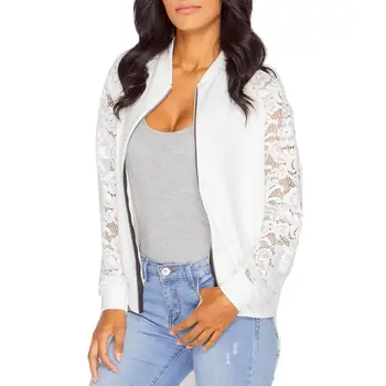 

Fashion Women Hollow Lace Patchwork Long Sleeve Bomber Jacket Zipper Slim Coat