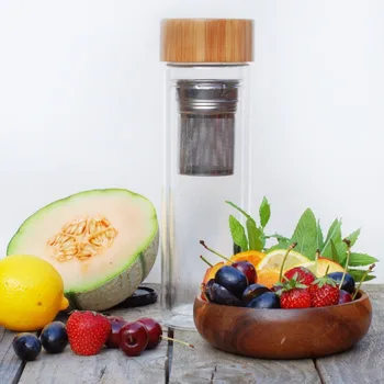 

25pcs/lot Free shipping Wholesale 350 ml 400ml Bamboo lid Double Walled glass tea tumbler. Includes strainer and infuser basket