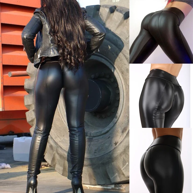 Sexy Ladies PV Skinny Leggings Women PU Leather Stretch Pants Wet Look Butt  Lift Pants Stretch Trousers Plus Size Club Wear