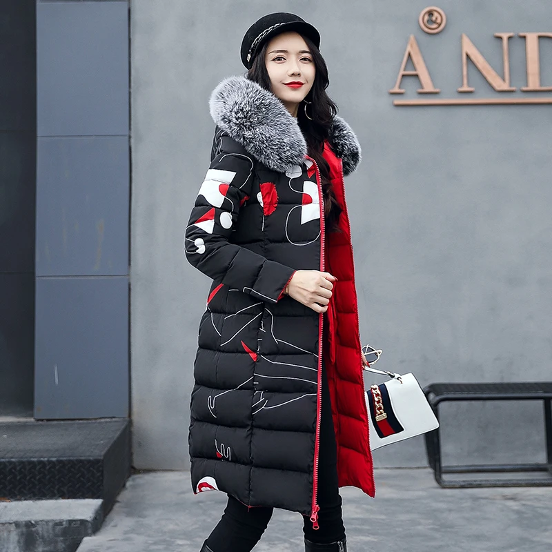 

Fad Winter Women Puffer Jacket X-long Thick Parka Both Sides Can Be Wear Slim Plus Size Hooded Fur Collar Casual Kobieta Kurtka