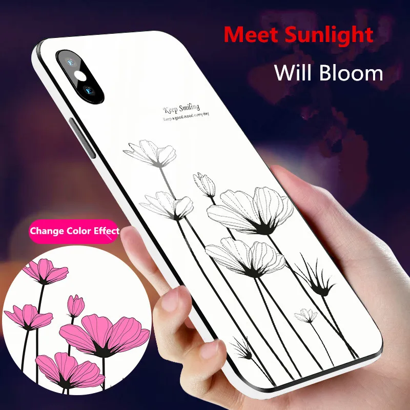 

Ultraviolet Discoloration Luminous Tempered Glass Case For iphone x xs max xr 6 7 8 6s Plus Color Change Flowers Glowing Cover