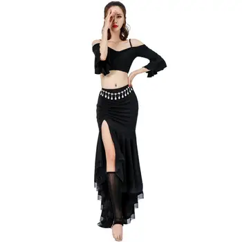 

Belly Dance Practice Clothes Sling Top Long Skirt Female Adult Indian Dance Suit Costumes Beginner Ruffle Sleeve