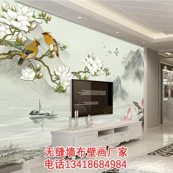 

Ink Fine Brushwork Magnolia Lotus Flowers and Birds Landscape Living Room Television Sofa Wall Seamless Mural
