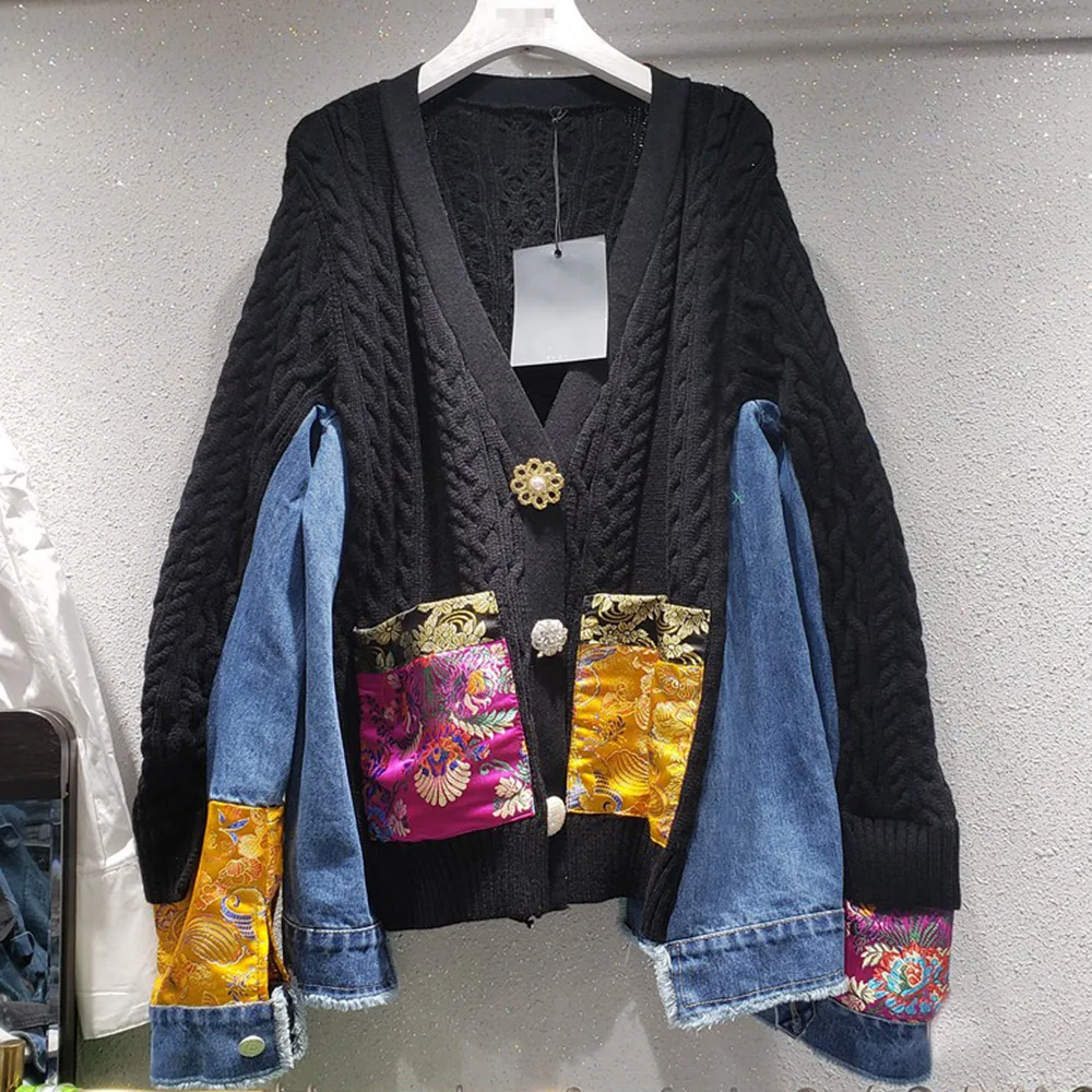 

Knitted Cardigan Denim Jackets Women Fashion V-Neck Long Sleeves Button Pocket Patchwork 2020 Autumn Mid-Length Cardigan