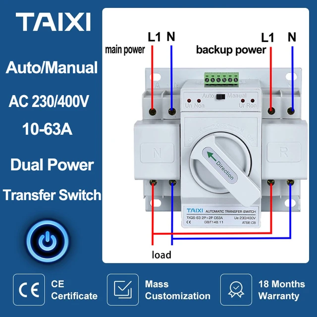 Dual Power Automatic Transfer Switch AC 220V 2P 63A CB Automatic