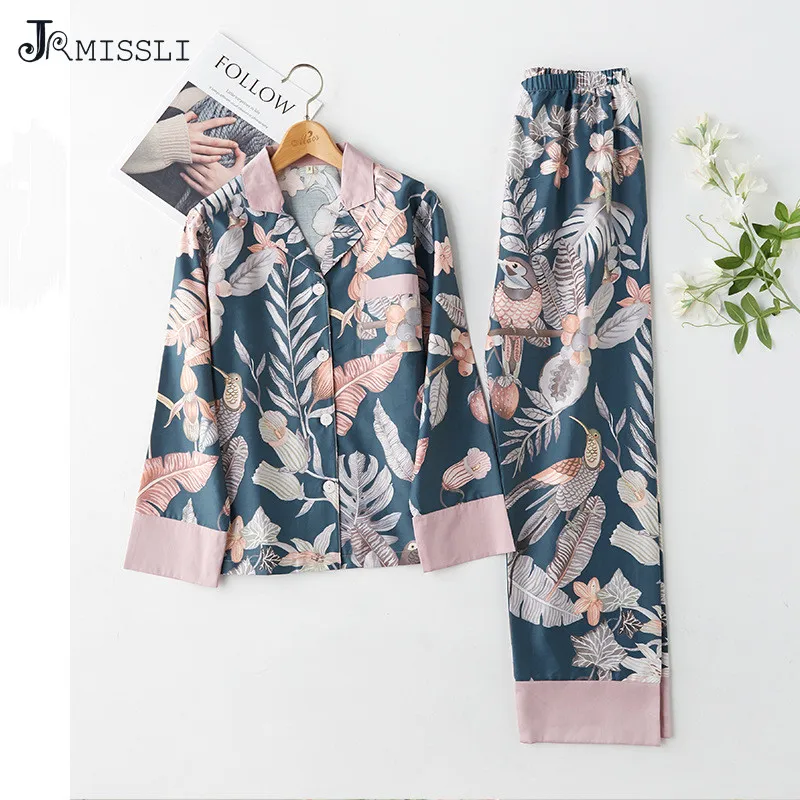

JRMISSLI Spring Classical Magpie Printing Satin Pajamas Loungewear Women Sleepwear Turn-down Collar Thin Home Clothes 2 Suits