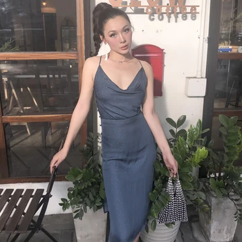 

Le Palais Vintage 2019 Original Gentle Imitation Silk Point Dot Side Slit Backless Sexy Knee-Length Spaghetti Strap Party Dress