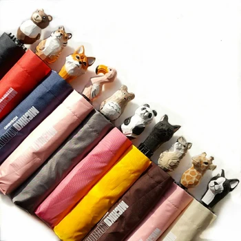 

hand carved animal head handle umbrella totoro three-folding manual cute black coating folding rainy and sunny umbrella parasol