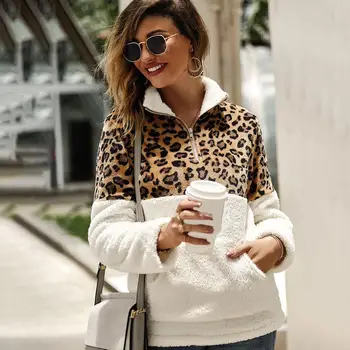 

Fashion Leopard Print Splicing Women Zipper Pocket Long Sleeve Warm Pullover Top
