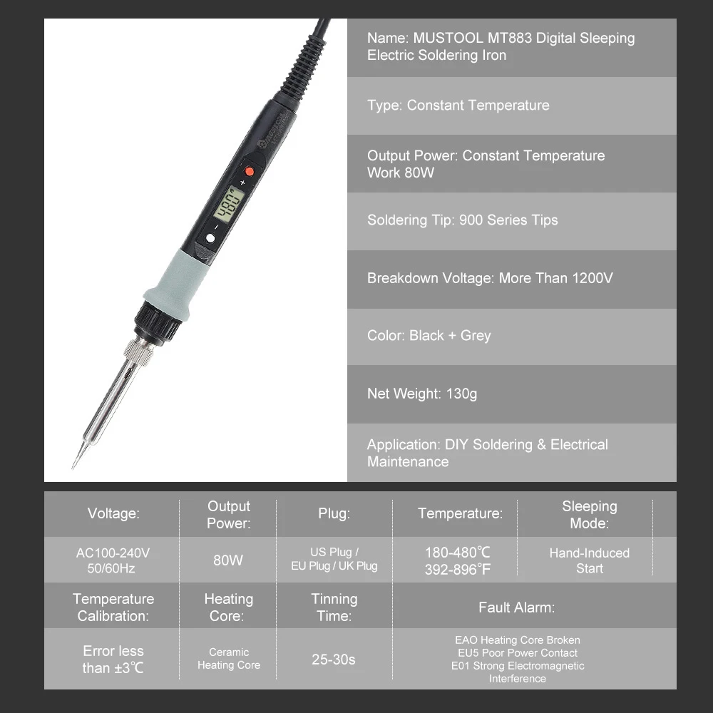 MUSTOOL MT883 80 Вт электрическая железная паяльная станция с регулируемой температурой 180-480/392-896 Автоматический Режим сна 110 В/220 В вилка стандарта ЕС/США/Великобритании