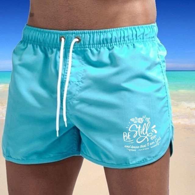 Summer Men's Beach Shorts Letter Printed Fitness Sports Casual Elastic Waist Drawstring Male Board Short Pants S-3XL sky blue