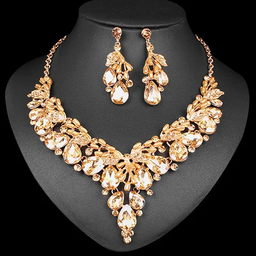 Модное ожерелье с кристаллами, серьги, индийский роскошный свадебный ювелирный набор, для свадьбы, вечеринки, выпускного, бижутерия, рождественский подарок для женщин - Окраска металла: champagne in gold