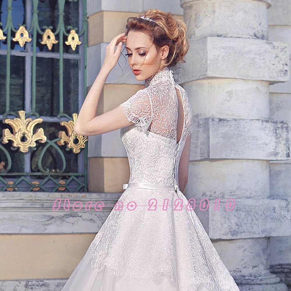 ТРАПЕЦИЕВИДНОЕ Свадебное Платье Vestidos De Casamento с коротким рукавом, с открытой спиной, с бантом, жемчугом, кружевное Тюлевое свадебное платье А-силуэта Vestido Branco