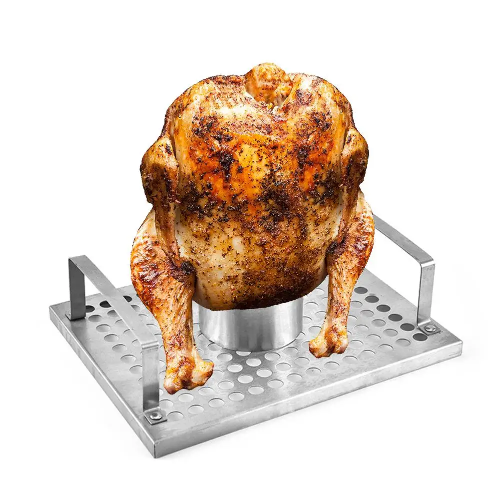 Details about   Stainless Steel BBQ Chicken Roaster Rack Beer Can Stand with Pan for Grill Oven 