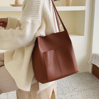 

С Доставкой Retro Shoulder Bag Female 2020 New Fashion Korean Style All-match Large Capacity Simple Fashion Bucket Bag