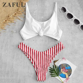 

ZAFUL Women Swimsuit Print Contrast Striped Knot Bikini Set Spaghetti Straps High Cut Bikini Padded Sexy Swimwear