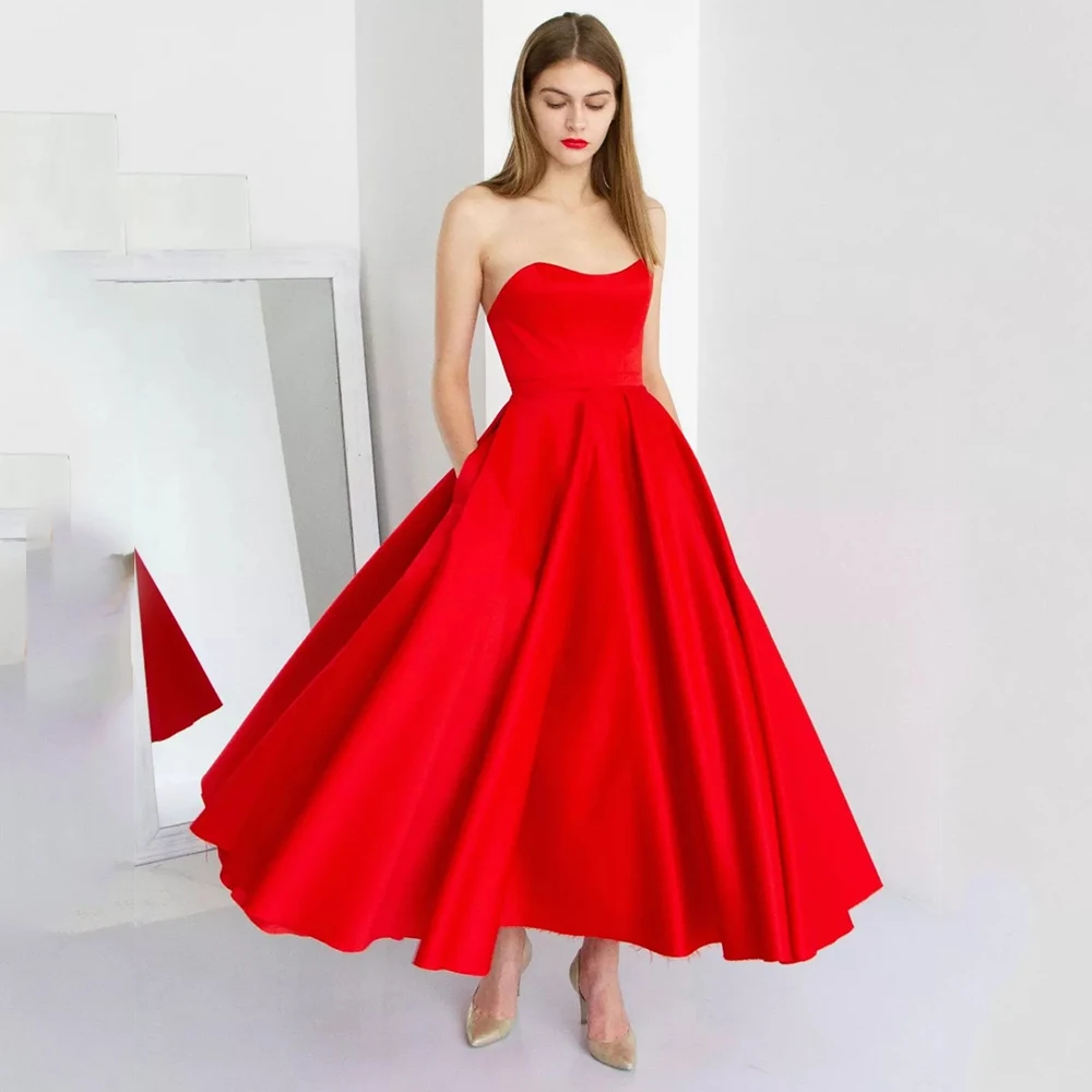 

Strapless Sleeveless Red Gorgeous A-Line Cocktail Dresses Plus Size 2024 Summer Ankle-Length Pleat with Pocket Zipper Back