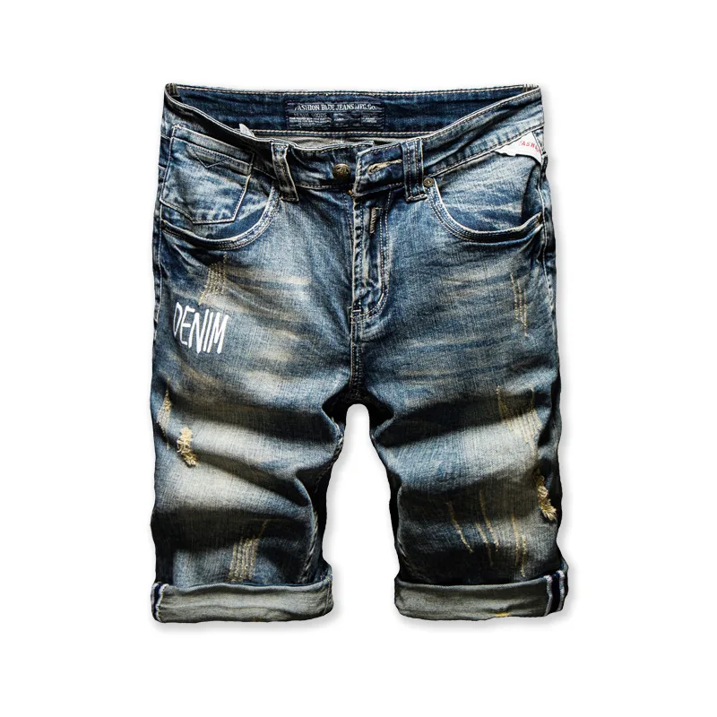 Classic Retro Distressed Men's Letter Printed Jeans Short Knee Length Straight Slim Frayed Trend Punk Male Denim Short