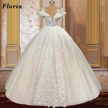 

Floria Dubai Design Lace Appliques Wedding Dresses Custom Made Ball Gown Pearls Bride Bridal Dresses 2022 Vestidos De Noiva