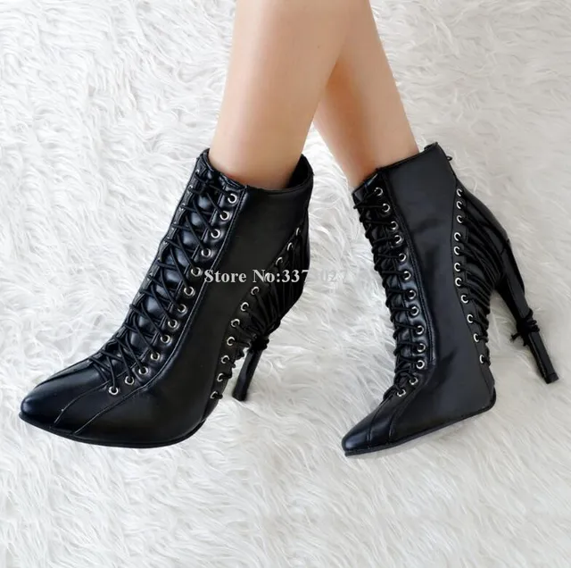 Botines con cordones y diseño de cuerdas para mujer, botas cortas con punta  puntiaguda de cuero negro con tacón cruzado, zapatos de banquete  populares|Botas hasta el tobillo| - AliExpress