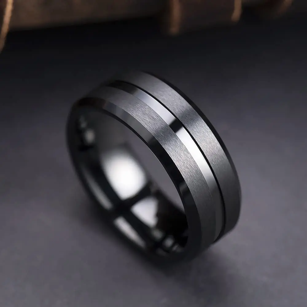 2023 Trendy Men's 8mm Black Titanium Wedding Band Rings Double Black Groove Beveled Edge Stainless Steel Engagement Ring For Men