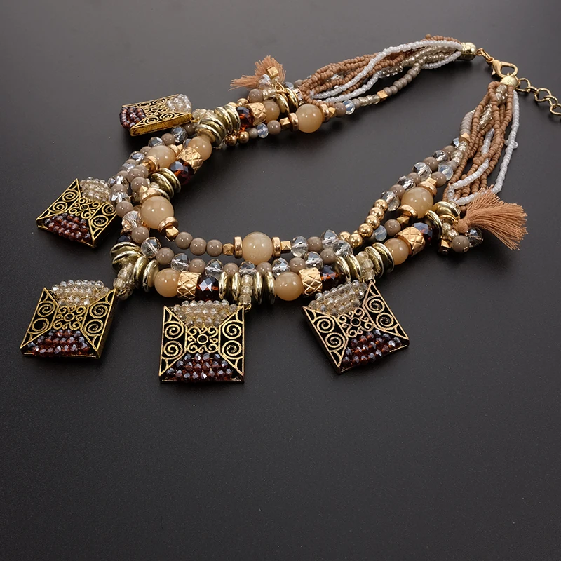 Statement Women Bohemin Trendy Ethnic Crystal Tassel Pendant Layered Collar Choker Necklace Fashion Jewelry