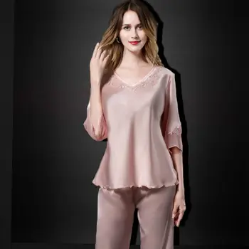 

2 Piece Spring Autumn Elegant Womens Silk Satin Lace New Sleep Suit Pajama Sets Sleepwear Women V Neck Solid Pajamas Suits